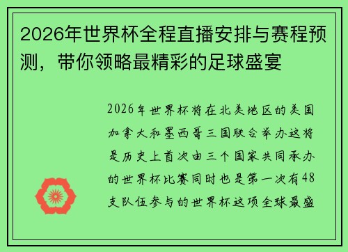 2026年世界杯全程直播安排与赛程预测，带你领略最精彩的足球盛宴